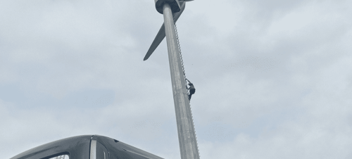 REMO technician peforming Non-Destructive Testing (NDT) services on a wind turbine.